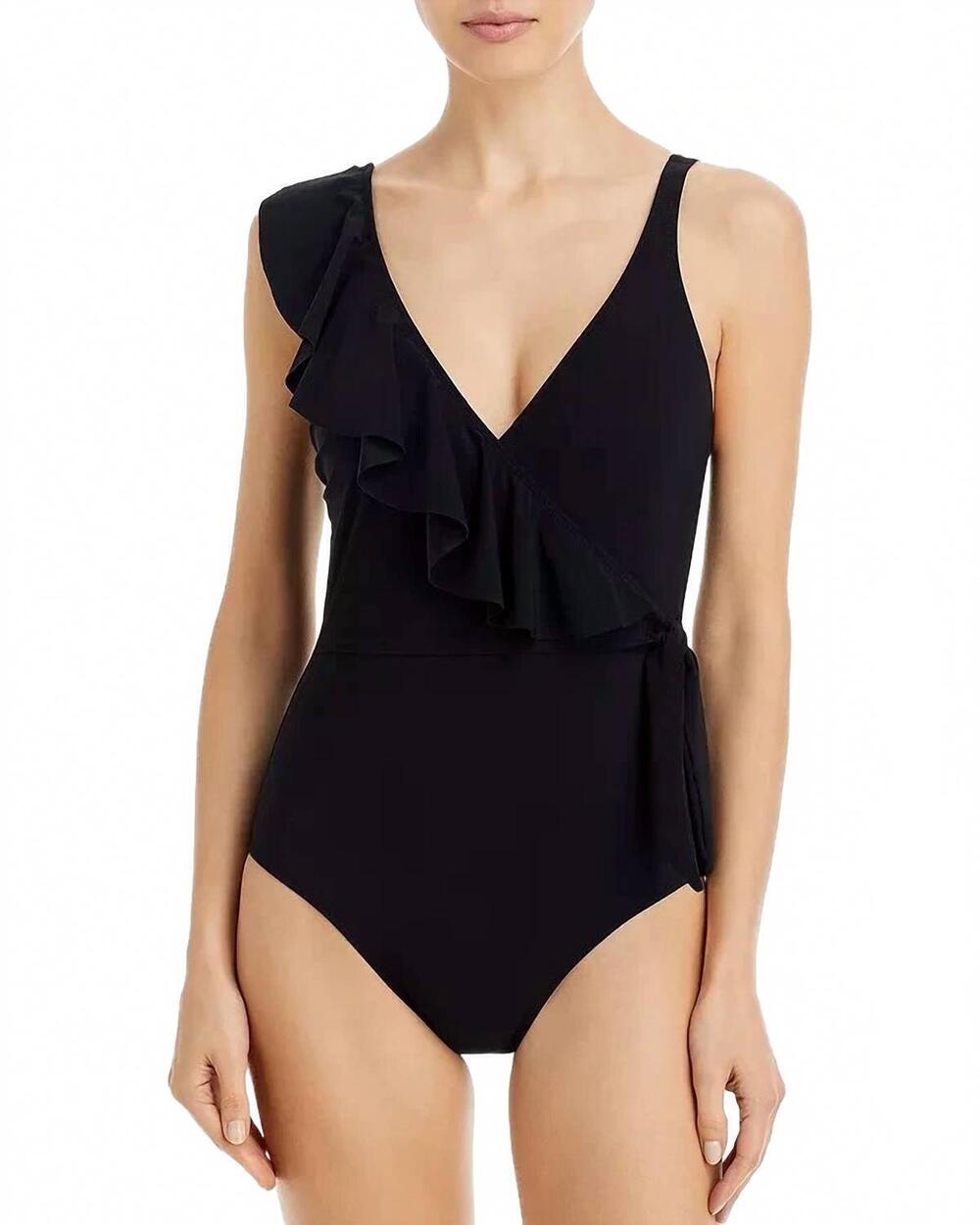 NEW PROFILE BY GOTTEX tutti frutti v-neck surplice one piece swimsuit in black
